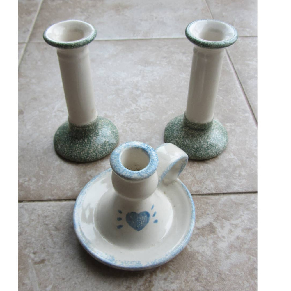 Vintage Stoneware Ceramic Sponge Painted Candlestick Holders